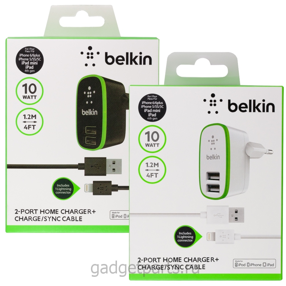 Блок зарядки на 2 USB-порта, кабель iPhone 5, 5S, 6, 6 Plus, 6S, 6S Plus, 7, 7 Plus, iPad и iPod Belkin