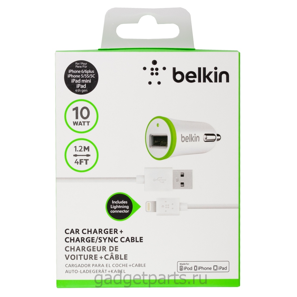 Автомобильное зарядное устройство на 1 USB-порт, кабель iPhone 5, 5S, 6, 6 Plus, 6S, 6S Plus, 7, 7 Plus, iPad и iPod Belkin