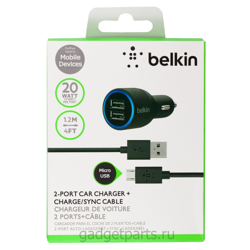 Автомобильное зарядное устройство на 2 USB-порта, кабель micro USB Belkin